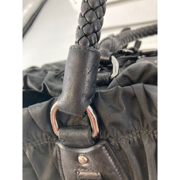 PRADA LARGE BLACK NYLON HANDBAG WITH BRAIDED LEATHER HANDLES - Picture 12 of 16